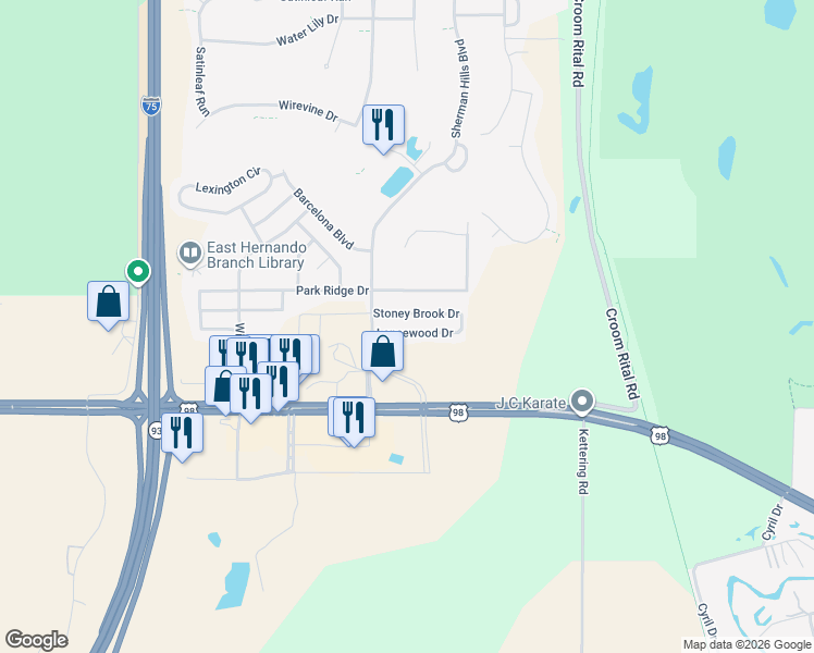 map of restaurants, bars, coffee shops, grocery stores, and more near 31218 Lancewood Drive in Brooksville