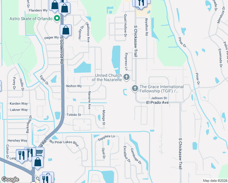 map of restaurants, bars, coffee shops, grocery stores, and more near 1573 Ravana Drive in Orlando