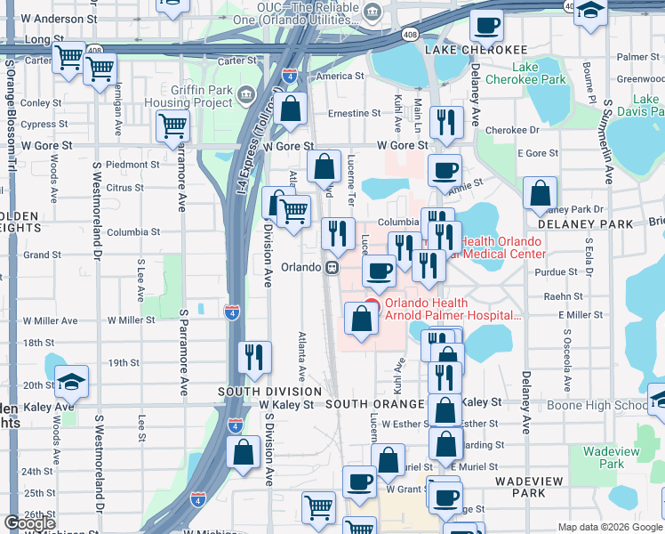 map of restaurants, bars, coffee shops, grocery stores, and more near 1400 Sligh Boulevard in Orlando