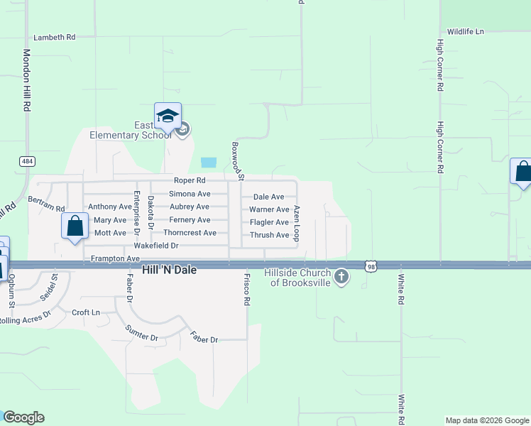 map of restaurants, bars, coffee shops, grocery stores, and more near 27278 Flagler Avenue in Brooksville