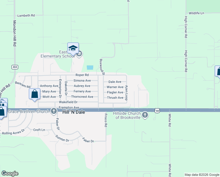 map of restaurants, bars, coffee shops, grocery stores, and more near 27278 Flagler Avenue in Brooksville
