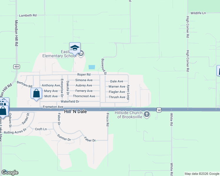 map of restaurants, bars, coffee shops, grocery stores, and more near 27278 Flagler Avenue in Brooksville