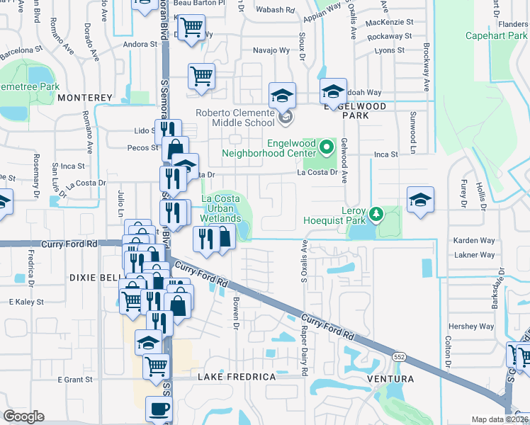 map of restaurants, bars, coffee shops, grocery stores, and more near 1525 Candlewyck Drive in Orlando