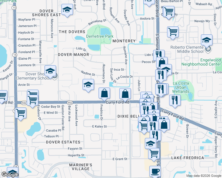 map of restaurants, bars, coffee shops, grocery stores, and more near 5317 Curry Ford Road in Orlando