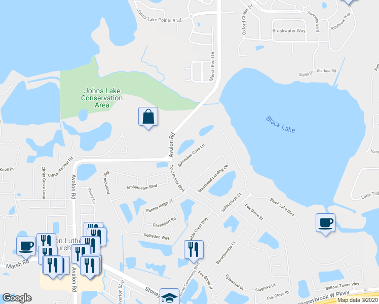 map of restaurants, bars, coffee shops, grocery stores, and more near 15121 Spinnaker Cove Lane in Winter Garden