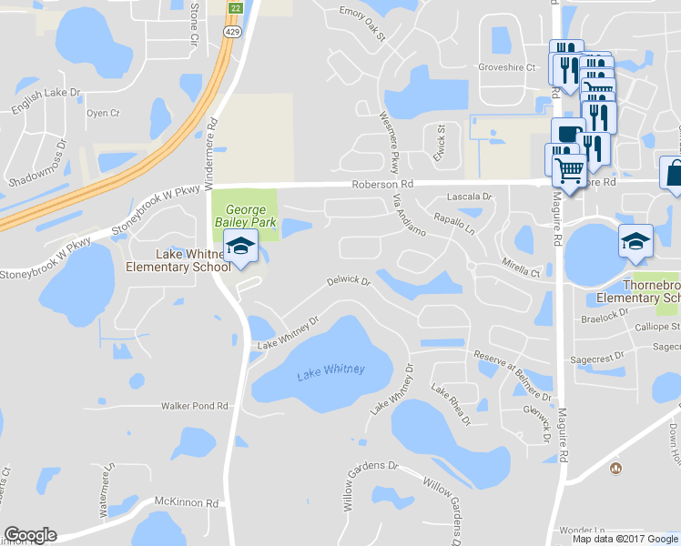 map of restaurants, bars, coffee shops, grocery stores, and more near 11655 Delwick Drive in Windermere