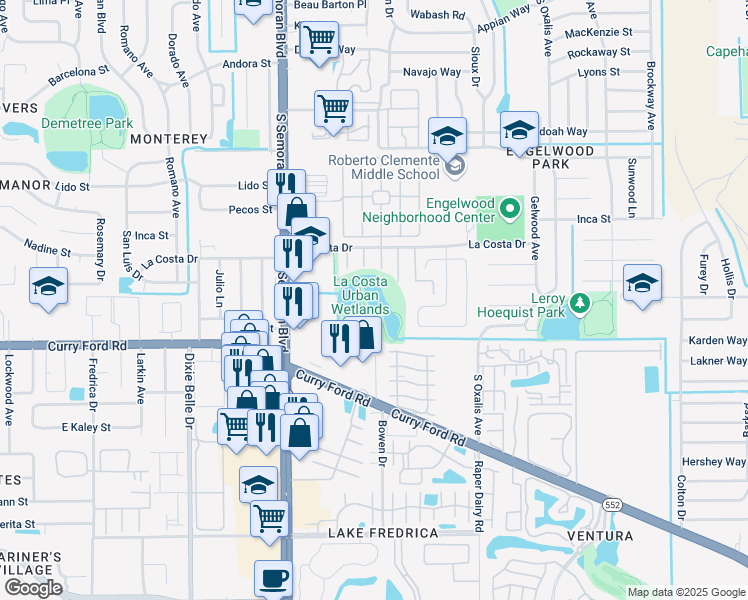 map of restaurants, bars, coffee shops, grocery stores, and more near 5814 La Costa Drive in Orlando