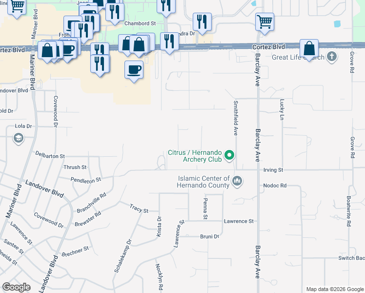 map of restaurants, bars, coffee shops, grocery stores, and more near 6420 Zagnut Lane in Brooksville