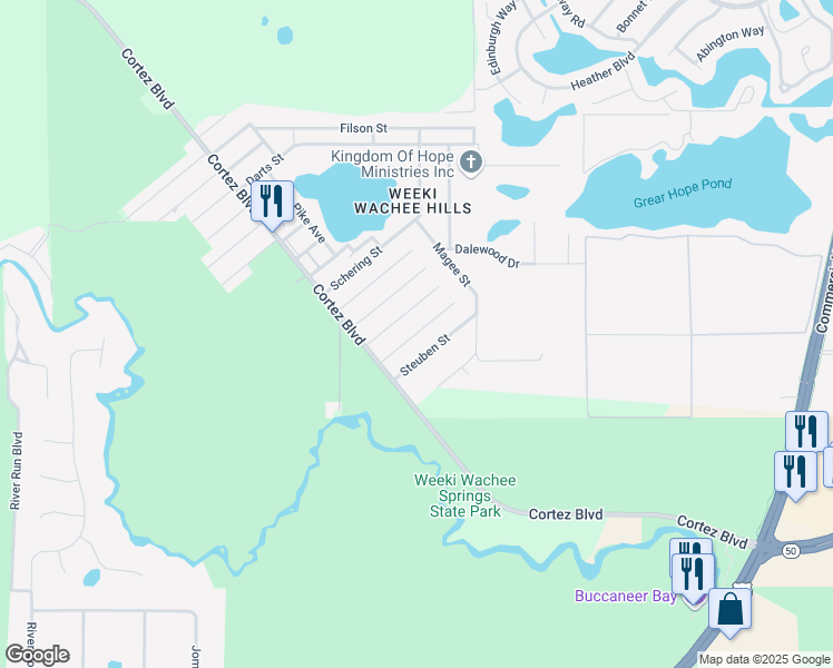 map of restaurants, bars, coffee shops, grocery stores, and more near 6454 Evanston Street in Brooksville