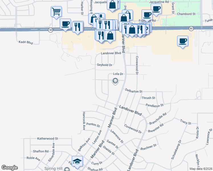 map of restaurants, bars, coffee shops, grocery stores, and more near 12381 Lola Drive in Spring Hill