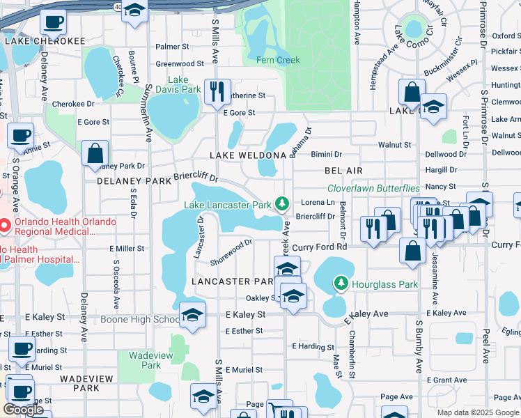 map of restaurants, bars, coffee shops, grocery stores, and more near 1520 Briercliff Drive in Orlando
