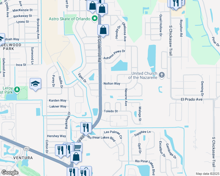 map of restaurants, bars, coffee shops, grocery stores, and more near 7616 Boreas Drive in Orlando