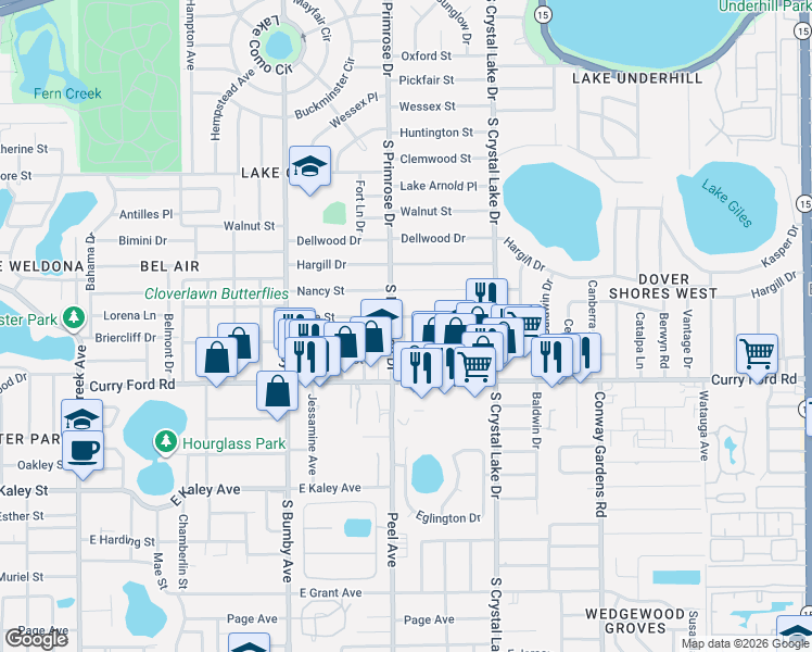 map of restaurants, bars, coffee shops, grocery stores, and more near 1413 Scott Avenue in Orlando