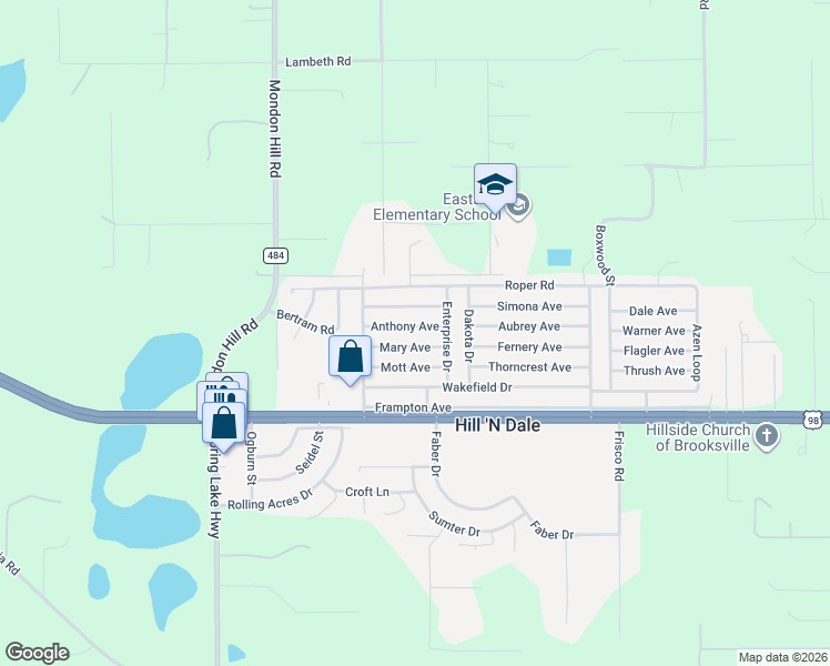 map of restaurants, bars, coffee shops, grocery stores, and more near 27016 Anthony Avenue in Brooksville