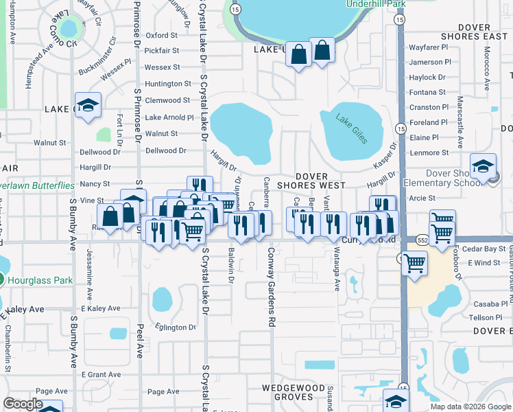 map of restaurants, bars, coffee shops, grocery stores, and more near 1329 Ceylon Drive in Orlando