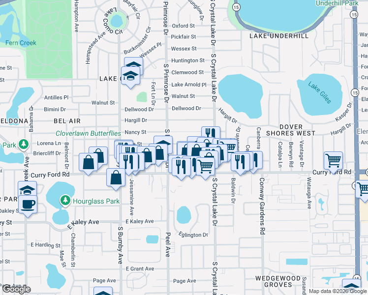 map of restaurants, bars, coffee shops, grocery stores, and more near 1413 Scott Avenue in Orlando