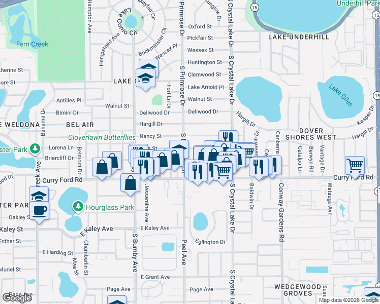 map of restaurants, bars, coffee shops, grocery stores, and more near 1413 Scott Avenue in Orlando