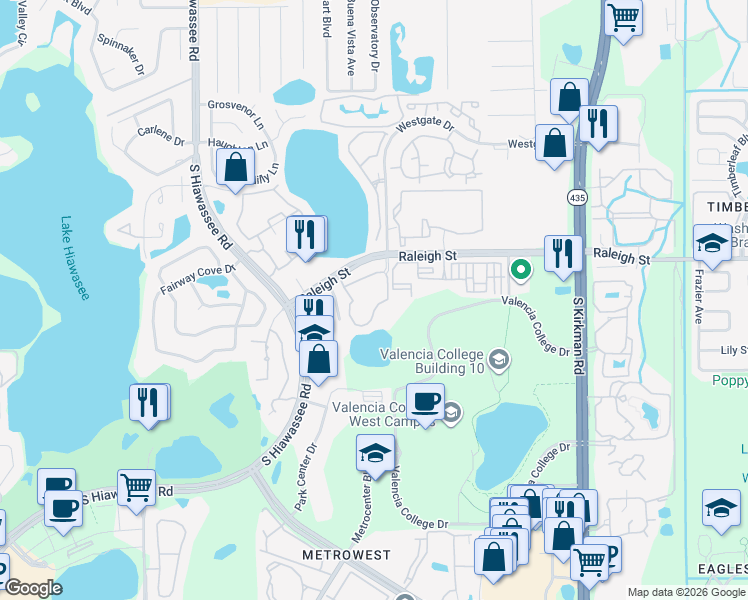 map of restaurants, bars, coffee shops, grocery stores, and more near 6388 Raleigh Street in Orlando