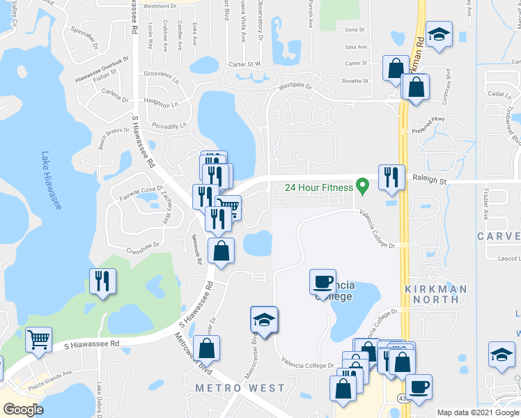 map of restaurants, bars, coffee shops, grocery stores, and more near 6388 Raleigh Street in Orlando