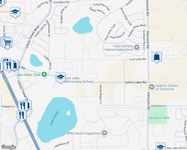 map of restaurants, bars, coffee shops, grocery stores, and more near 2903 Southern Pines Loop in Clermont