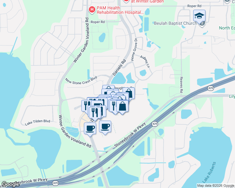 map of restaurants, bars, coffee shops, grocery stores, and more near 12922 Grovehurst Avenue in Winter Garden