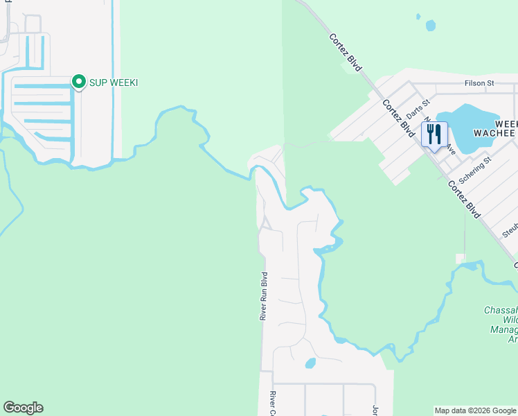 map of restaurants, bars, coffee shops, grocery stores, and more near 6653 River Run Boulevard in Spring Hill