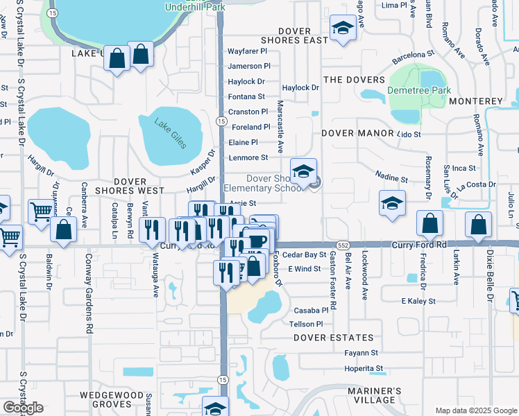 map of restaurants, bars, coffee shops, grocery stores, and more near 4620 Larado Place in Orlando