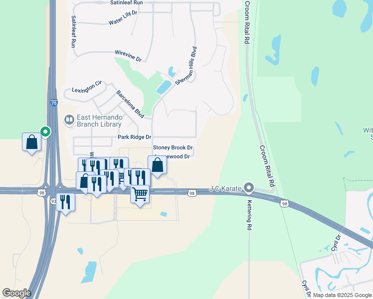 map of restaurants, bars, coffee shops, grocery stores, and more near 31258 Park Ridge Drive in Brooksville