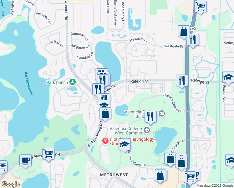 map of restaurants, bars, coffee shops, grocery stores, and more near 6332 Raleigh Street in Orlando