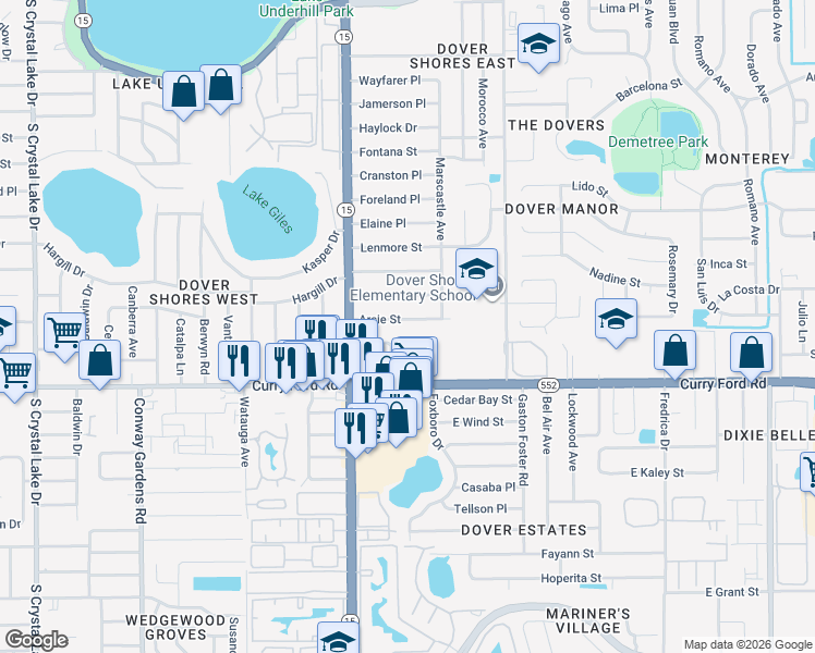 map of restaurants, bars, coffee shops, grocery stores, and more near 4620 Larado Place in Orlando