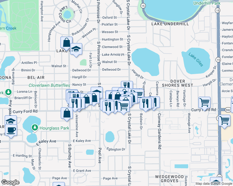 map of restaurants, bars, coffee shops, grocery stores, and more near 3012 Nancy Street in Orlando