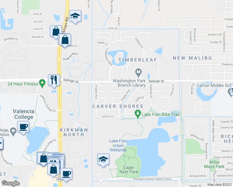 map of restaurants, bars, coffee shops, grocery stores, and more near 5318 Botany Court in Orlando