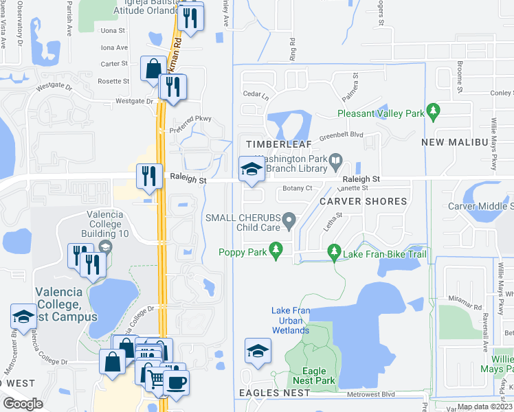 map of restaurants, bars, coffee shops, grocery stores, and more near 5448 Karen Court in Orlando