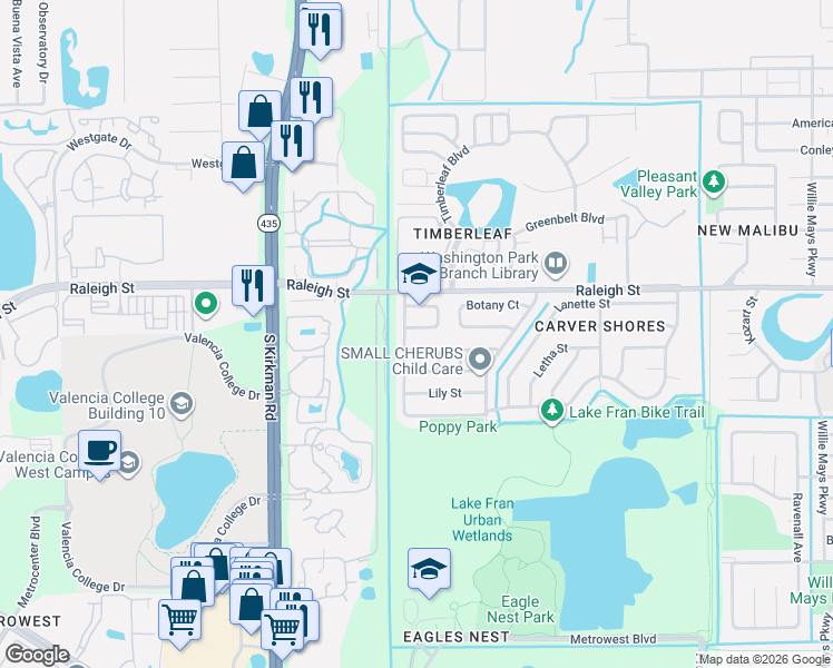 map of restaurants, bars, coffee shops, grocery stores, and more near 5448 Karen Court in Orlando