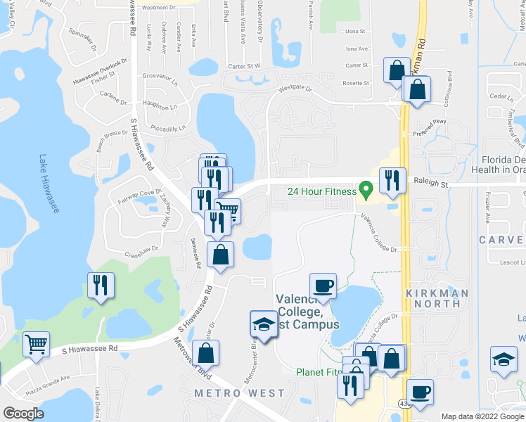 map of restaurants, bars, coffee shops, grocery stores, and more near 6308 Raleigh Street in Orlando