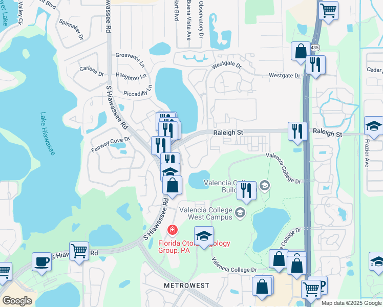 map of restaurants, bars, coffee shops, grocery stores, and more near 6332 Raleigh Street in Orlando