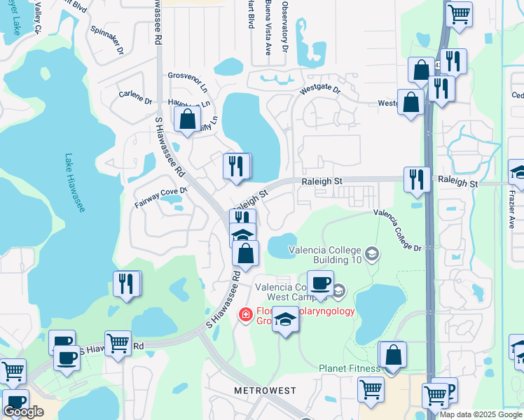 map of restaurants, bars, coffee shops, grocery stores, and more near 6332 Raleigh Street in Orlando