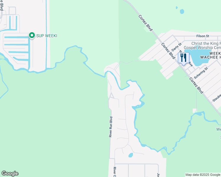 map of restaurants, bars, coffee shops, grocery stores, and more near 7083 River Run Boulevard in Spring Hill