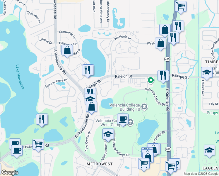map of restaurants, bars, coffee shops, grocery stores, and more near 6420 Raleigh Street in Orlando