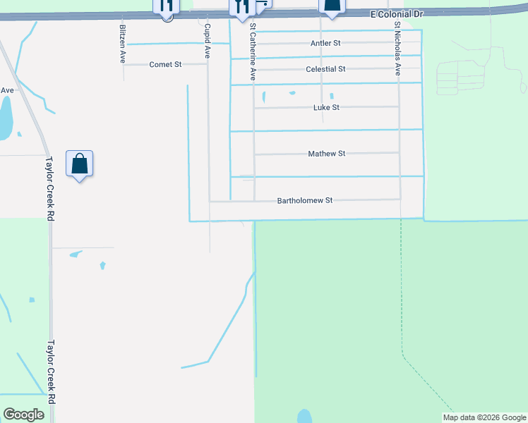 map of restaurants, bars, coffee shops, grocery stores, and more near 25018 Bartholomew Street in Christmas