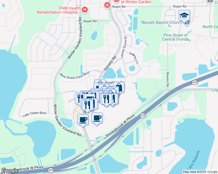 map of restaurants, bars, coffee shops, grocery stores, and more near 12923 Grovehurst Avenue in Winter Garden