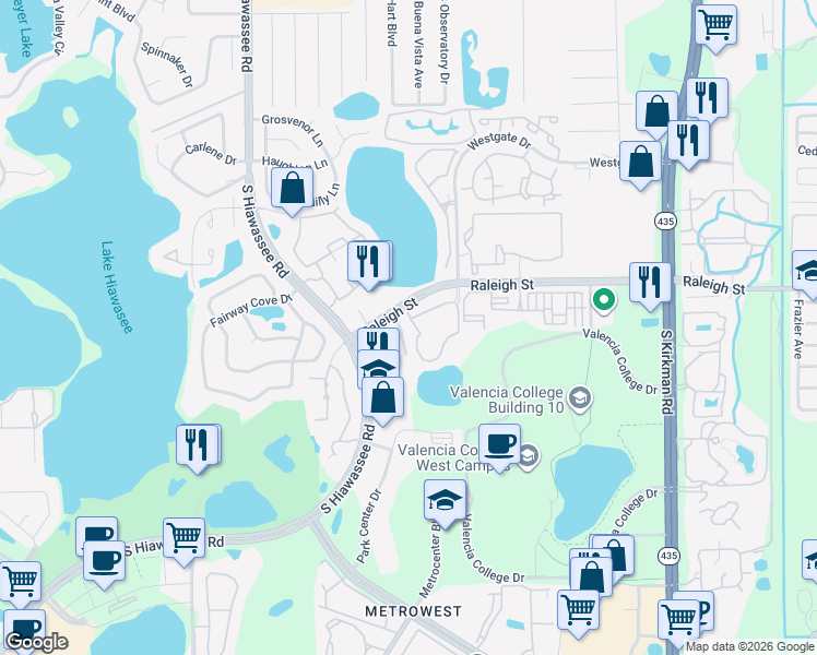 map of restaurants, bars, coffee shops, grocery stores, and more near 6332 Raleigh Street in Orlando
