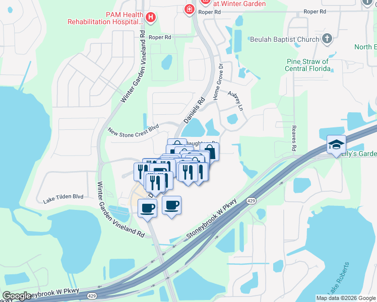 map of restaurants, bars, coffee shops, grocery stores, and more near 12935 Grovehurst Avenue in Winter Garden