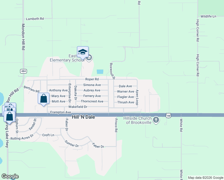 map of restaurants, bars, coffee shops, grocery stores, and more near 6391 Boxwood Street in Brooksville