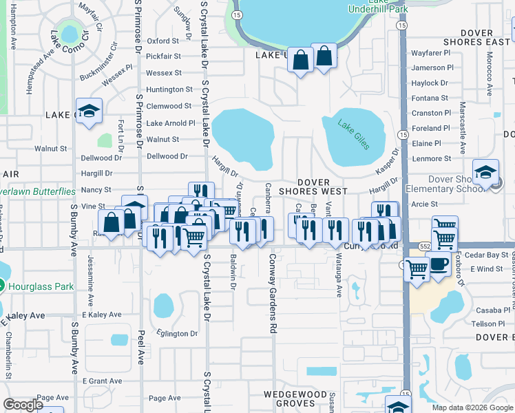 map of restaurants, bars, coffee shops, grocery stores, and more near 3415 Lawson Drive in Orlando