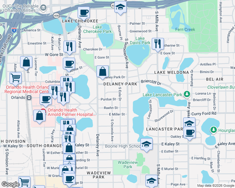 map of restaurants, bars, coffee shops, grocery stores, and more near 1213 South Eola Drive in Orlando