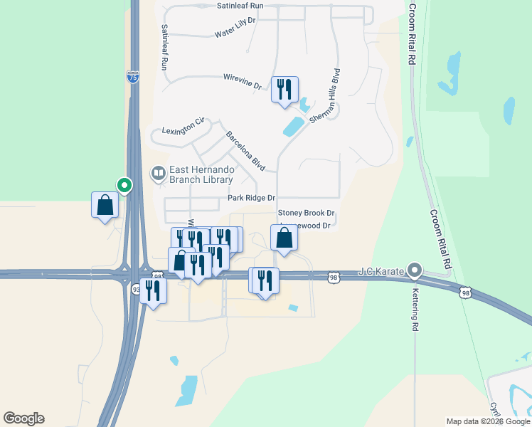 map of restaurants, bars, coffee shops, grocery stores, and more near 31121 Silver Stage Drive in Brooksville