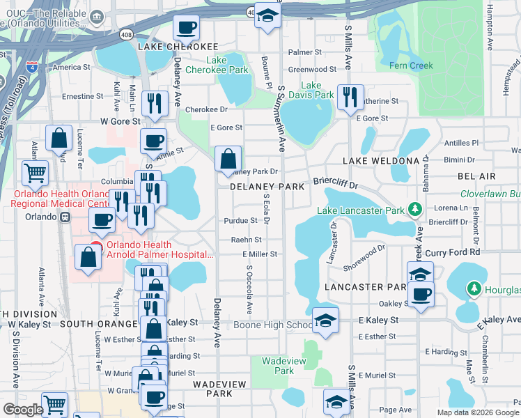 map of restaurants, bars, coffee shops, grocery stores, and more near 1213 South Eola Drive in Orlando