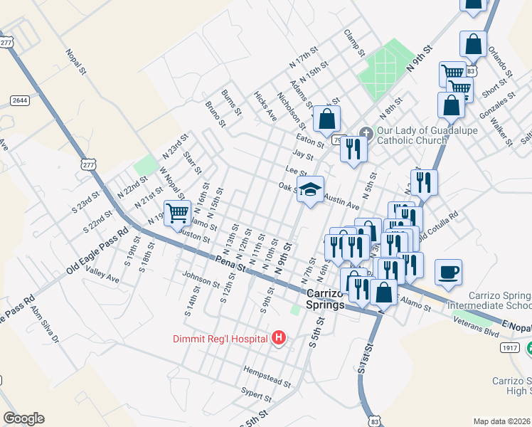 map of restaurants, bars, coffee shops, grocery stores, and more near 500 North 11th Street in Carrizo Springs