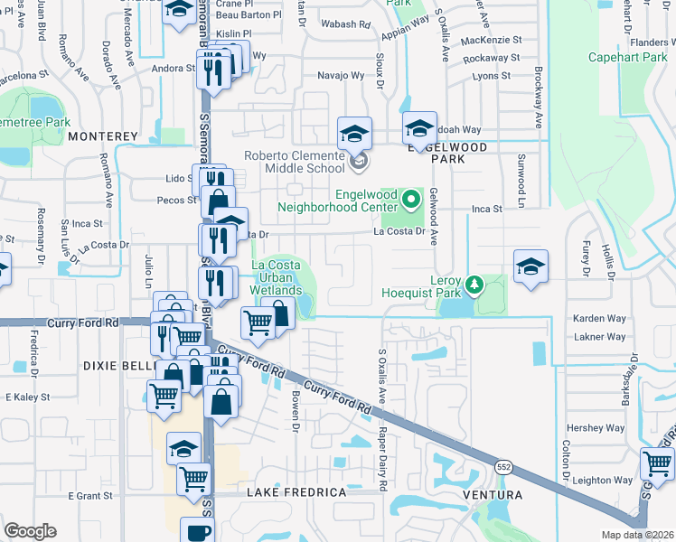 map of restaurants, bars, coffee shops, grocery stores, and more near 1306 Village Way in Orlando